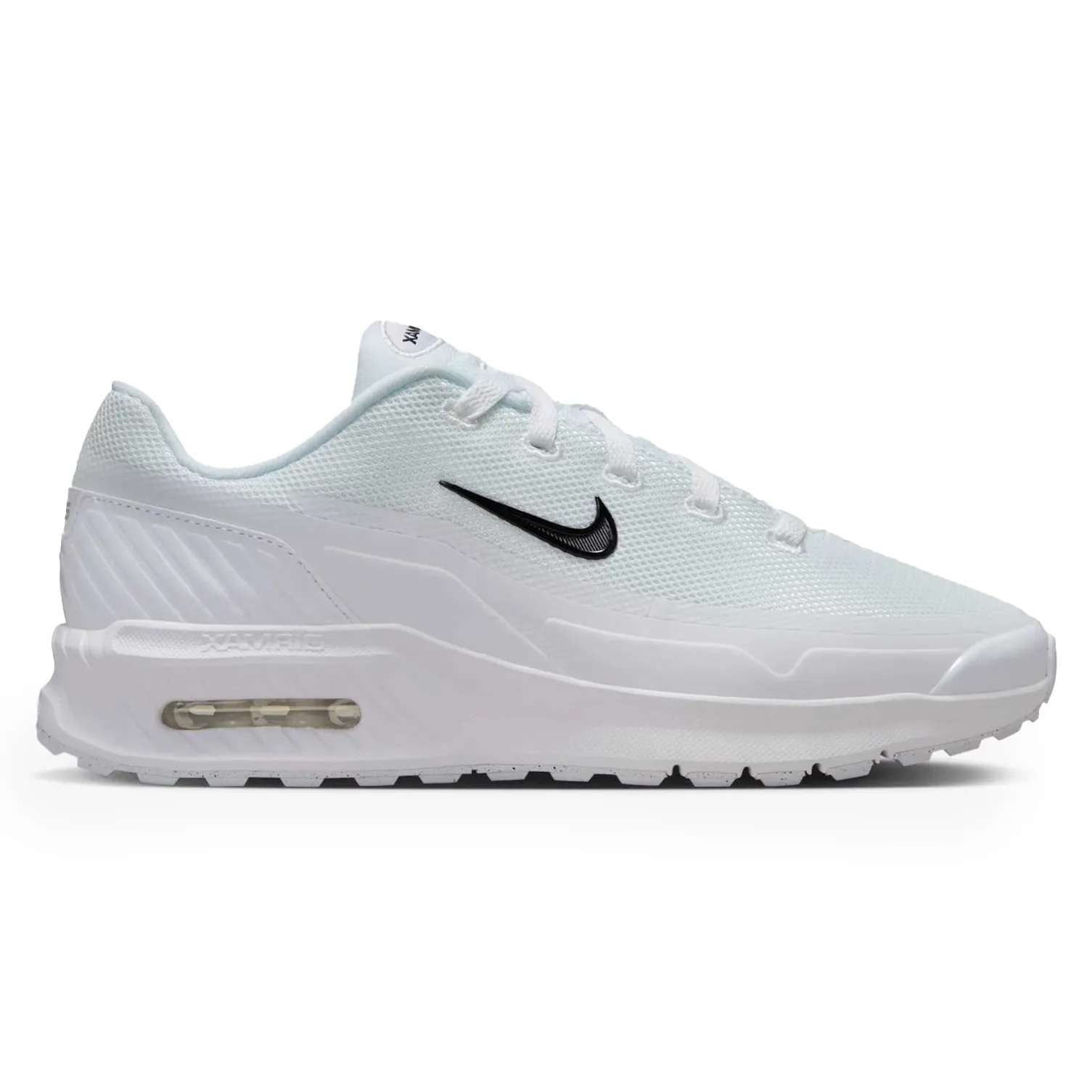 Tênis Nike Air Max branco feminino em ângulo frontal mostrando o logotipo e detalhes do solado